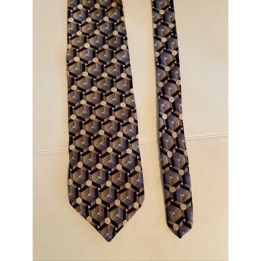 Carlo Palazzi Couture Silk Tie Brown Grey Geometric 3D Cube Pattern Mens USA